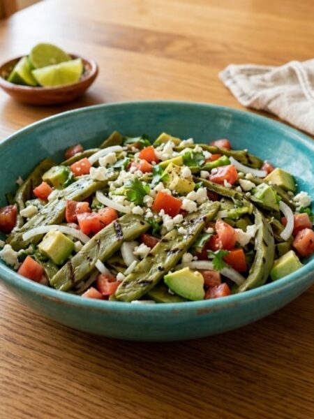 Mexican Ensalada de Nopales with tender cactus strips, tomatoes, white onion, cilantro, queso fresco, and fresh lime.