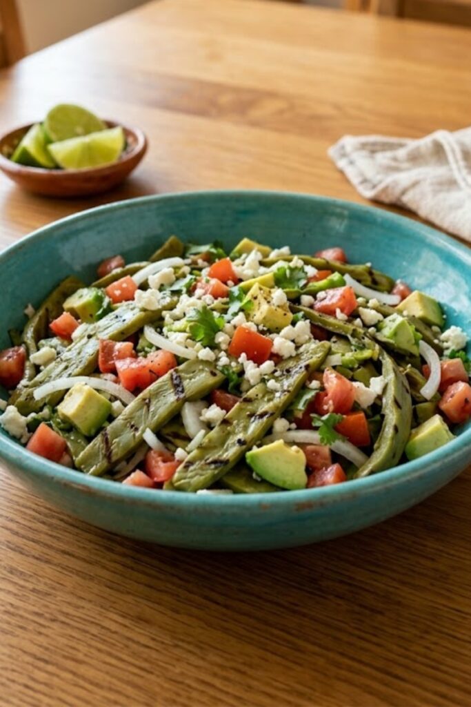 Mexican Ensalada de Nopales with tender cactus strips, tomatoes, white onion, cilantro, queso fresco, and fresh lime.