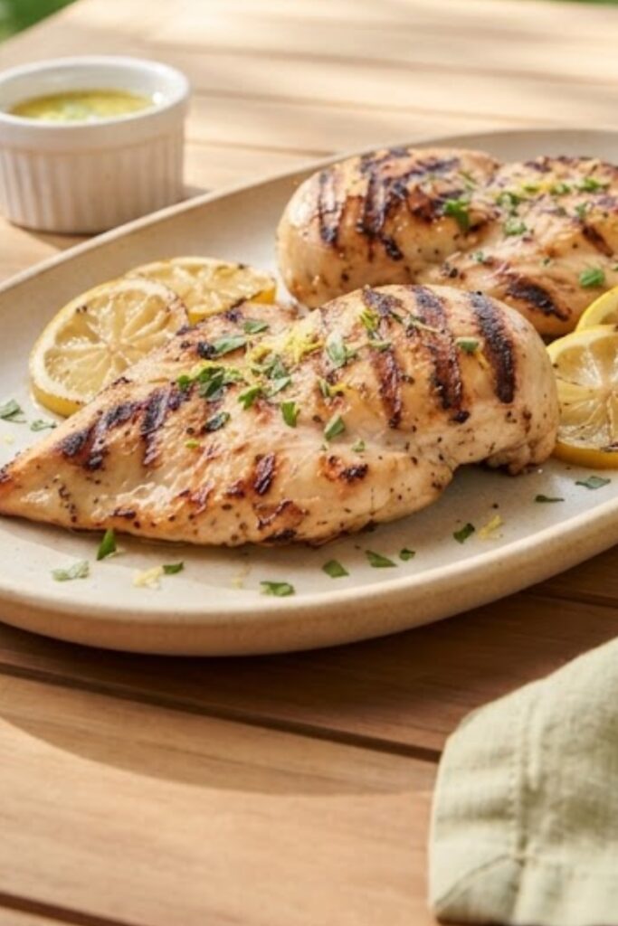 Juicy summer lemon herb grilled chicken with fresh lemon wedges and herbs served on a plate.