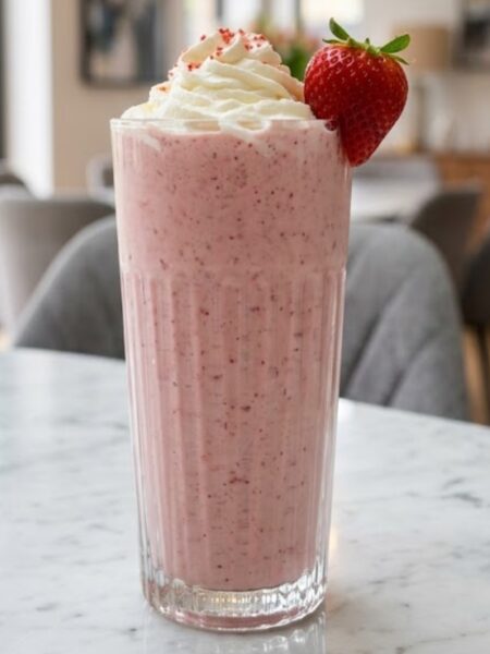 Creamy strawberry milkshake made with fresh strawberries, vanilla ice cream, and cold milk