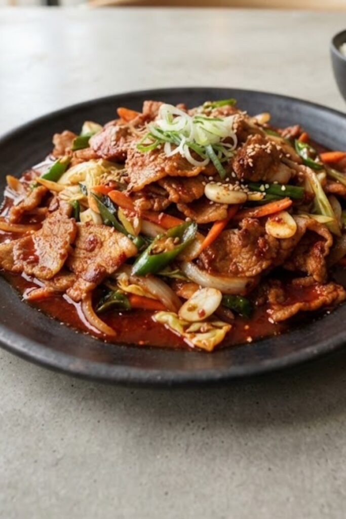 Authentic Korean Jeyuk Bokkeum spicy pork stir-fried with gochujang, onions, green onions, and sesame seeds.