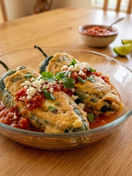 Mexican Chiles Rellenos stuffed with melted cheese, coated in golden egg batter, and served with homemade tomato sauce and fresh cilantro.
