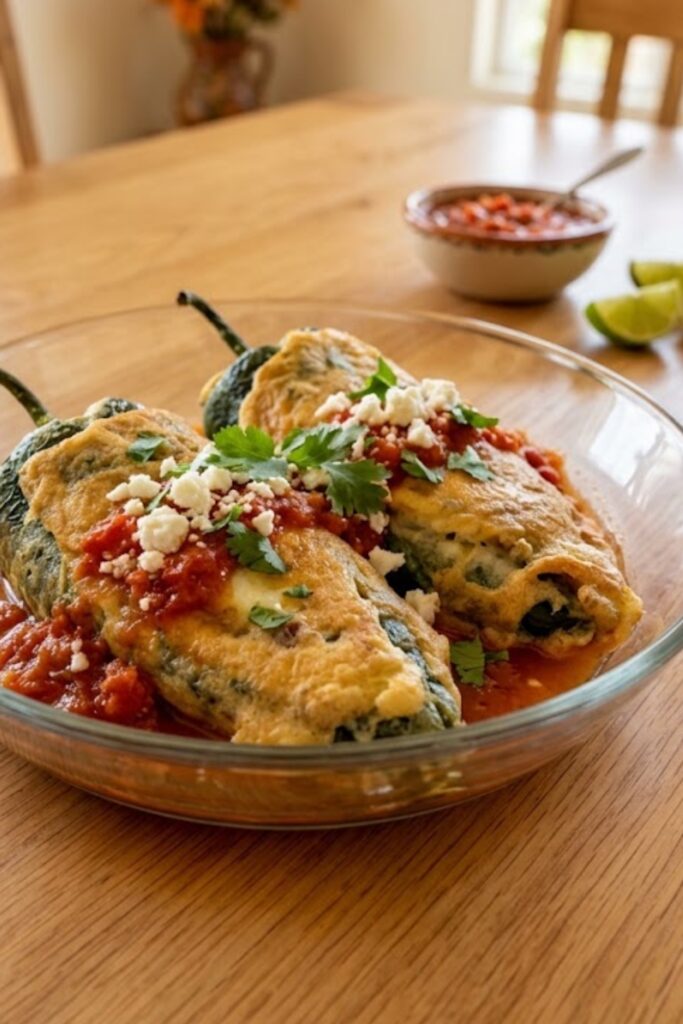 Mexican Chiles Rellenos stuffed with melted cheese, coated in golden egg batter, and served with homemade tomato sauce and fresh cilantro.