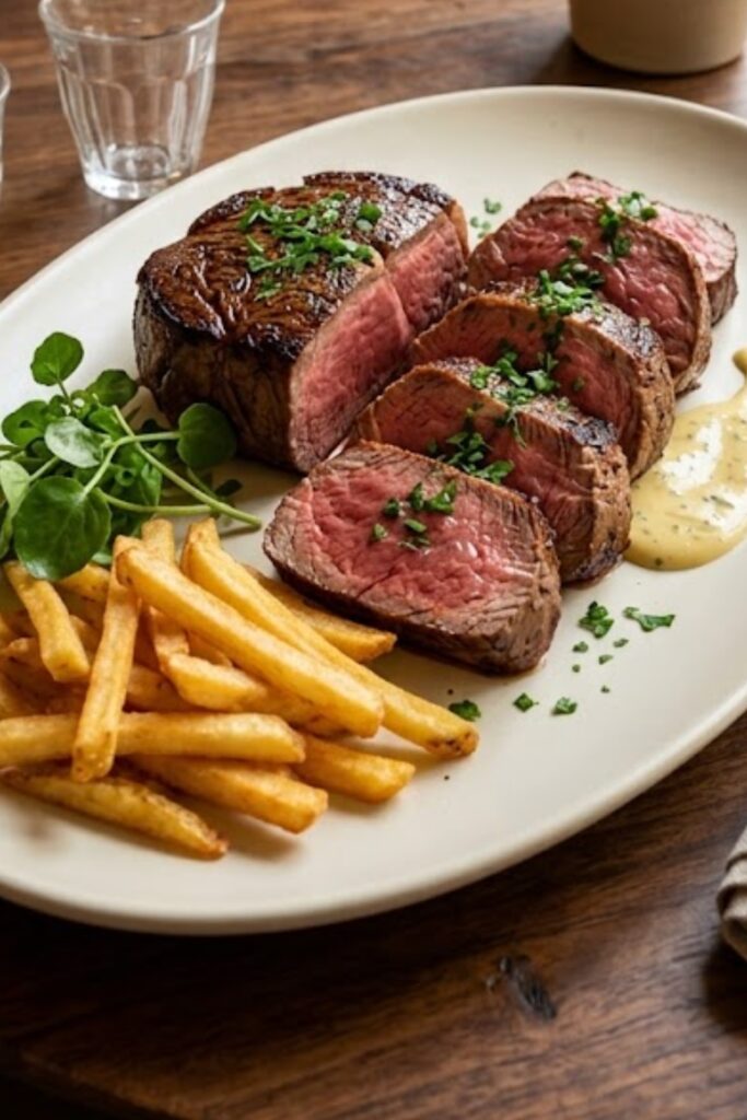 Classic French Chateaubriand sliced thickly and served with garlic herb butter and rich French pan sauce.