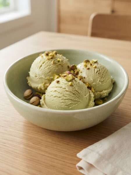 Creamy homemade pistachio ice cream topped with chopped roasted pistachios