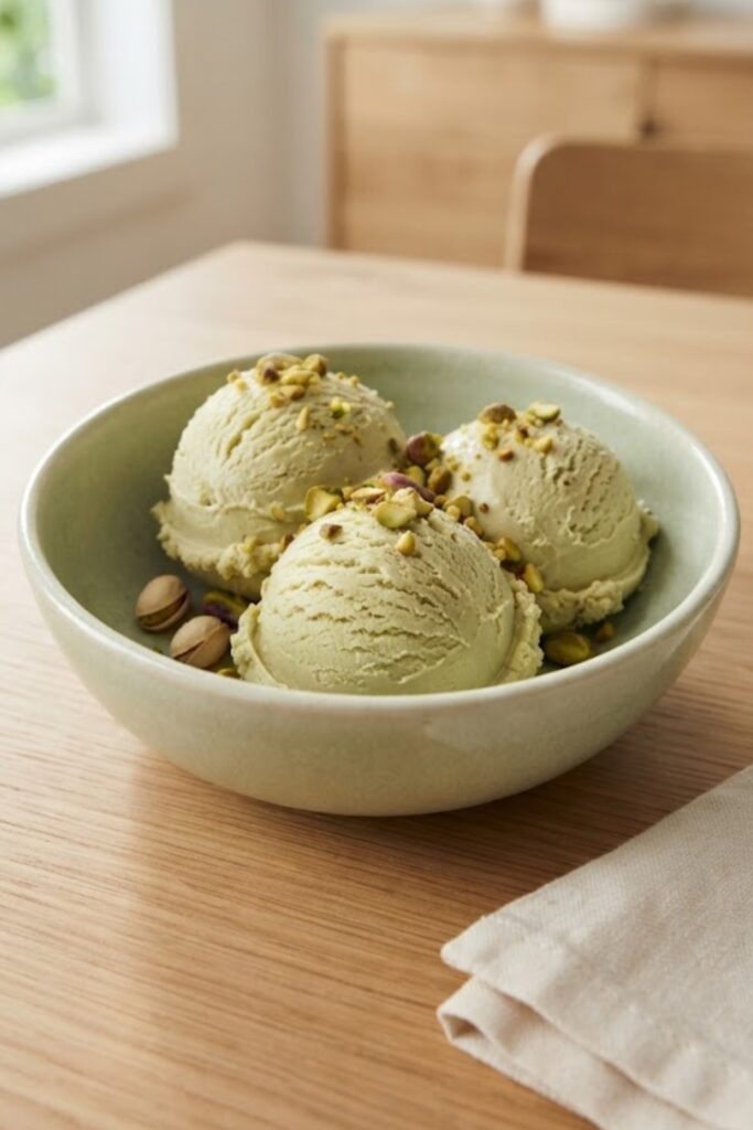 Creamy homemade pistachio ice cream topped with chopped roasted pistachios