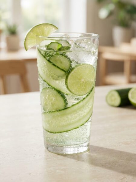 Refreshing cucumber lime fizz with sparkling water, fresh cucumber slices, lime, and ice served in a clear glass