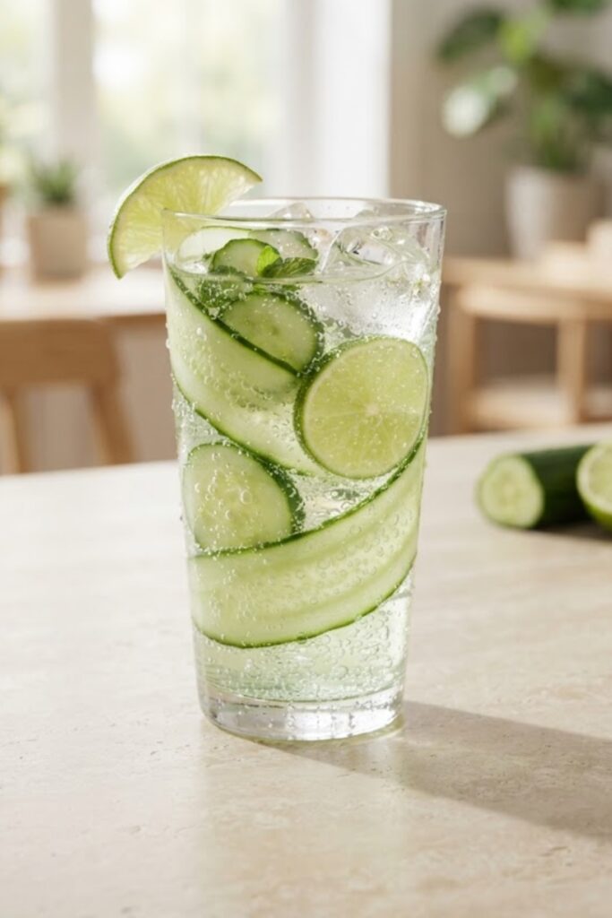 Refreshing cucumber lime fizz with sparkling water, fresh cucumber slices, lime, and ice served in a clear glass
