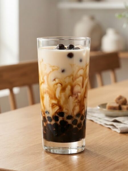 Creamy brown sugar boba milk with chewy black tapioca pearls and brown sugar syrup served in a tall clear glass