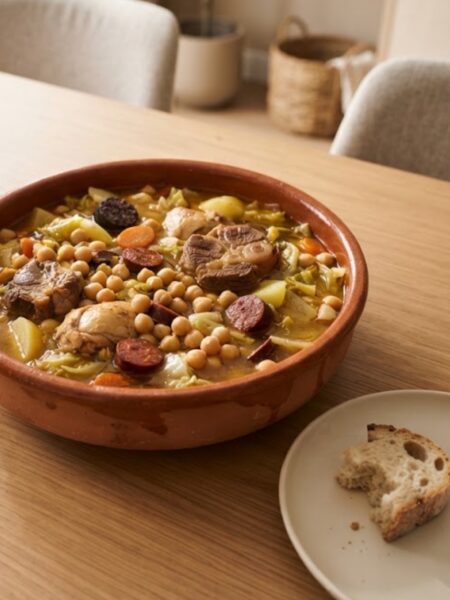 Authentic Spanish Cocido Madrileño with chickpeas, tender beef, chicken, chorizo, potatoes, carrots, and cabbage.