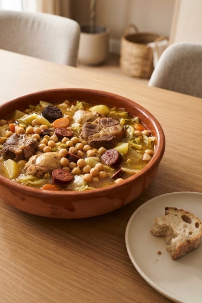 Authentic Spanish Cocido Madrileño with chickpeas, tender beef, chicken, chorizo, potatoes, carrots, and cabbage.
