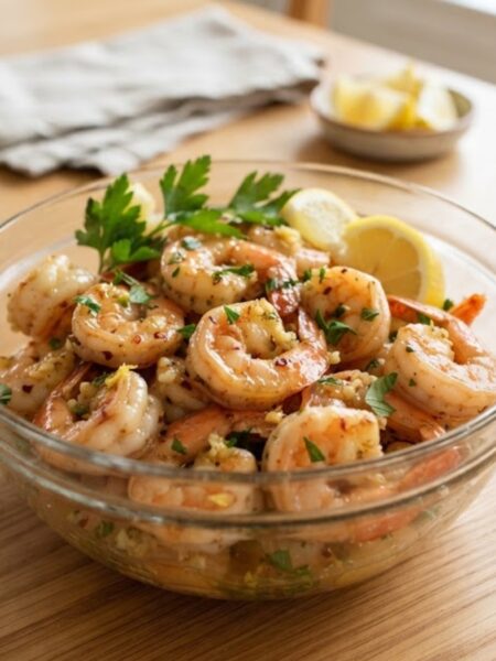 Juicy summer garlic butter shrimp coated in lemon garlic butter and garnished with fresh parsley.