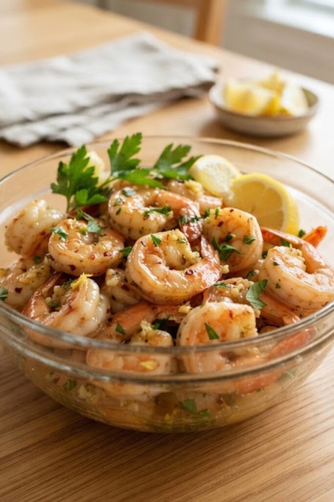 Juicy summer garlic butter shrimp coated in lemon garlic butter and garnished with fresh parsley.