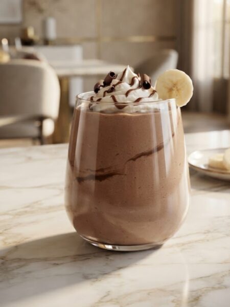 Creamy chocolate banana shake made with ripe banana, cocoa, and cold milk served in a tall glass