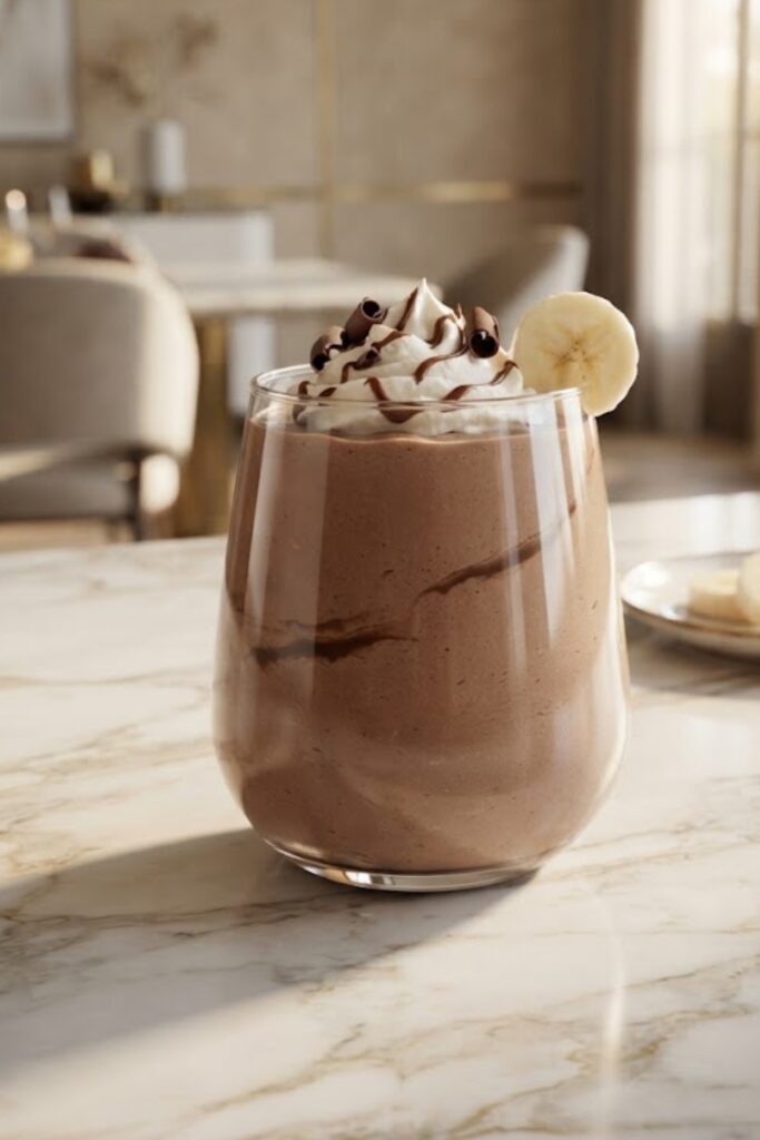 Creamy chocolate banana shake made with ripe banana, cocoa, and cold milk served in a tall glass
