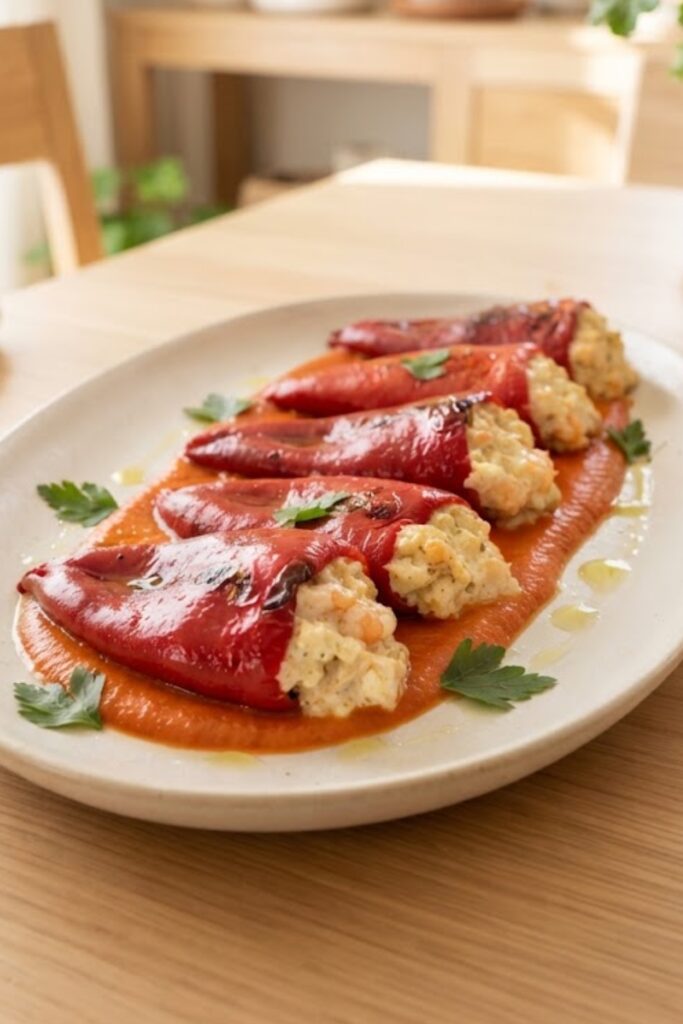 Authentic Spanish Pimientos del Piquillo Rellenos stuffed with cod and shrimp and served in a creamy roasted pepper sauce.