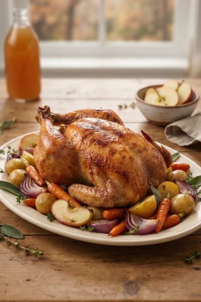 Fall apple cider roasted chicken with golden chicken, roasted apples, carrots, onions, and fresh herbs.