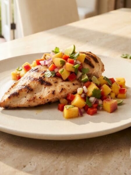 Grilled chicken topped with fresh peach salsa, tomato, red onion, cilantro, and lime.