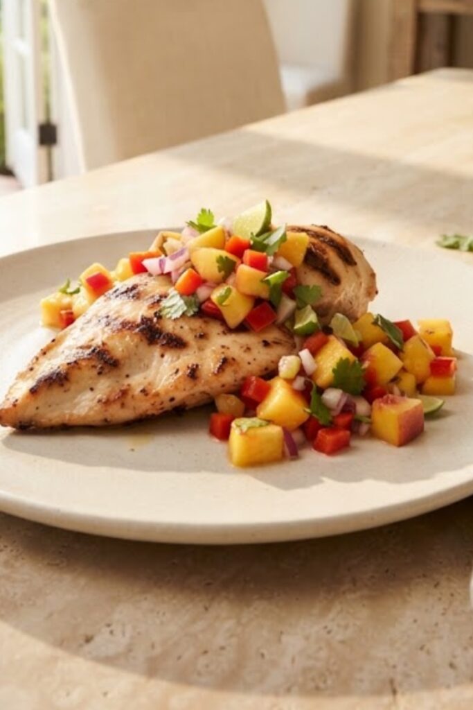 Grilled chicken topped with fresh peach salsa, tomato, red onion, cilantro, and lime.
