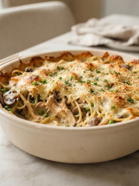 Creamy American Chicken Tetrazzini baked with tender chicken, spaghetti, mushrooms, Parmesan cheese, and a golden cheesy topping