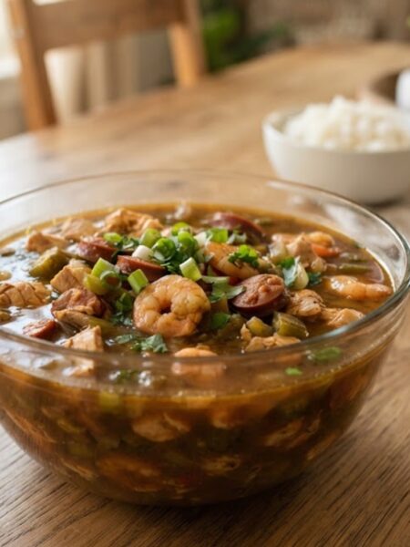 Classic American Louisiana gumbo with chicken, Andouille sausage, shrimp, vegetables, and steamed white rice