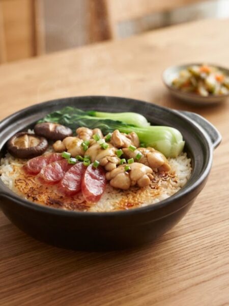 Chinese Clay Pot Rice topped with tender chicken, Chinese sausage, shiitake mushrooms, green onions, and crispy golden rice.