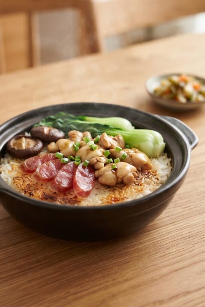 Chinese Clay Pot Rice topped with tender chicken, Chinese sausage, shiitake mushrooms, green onions, and crispy golden rice.