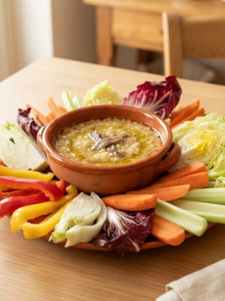 Authentic Italian Bagna Cauda served warm with anchovy, garlic, olive oil, butter, and fresh seasonal vegetables.