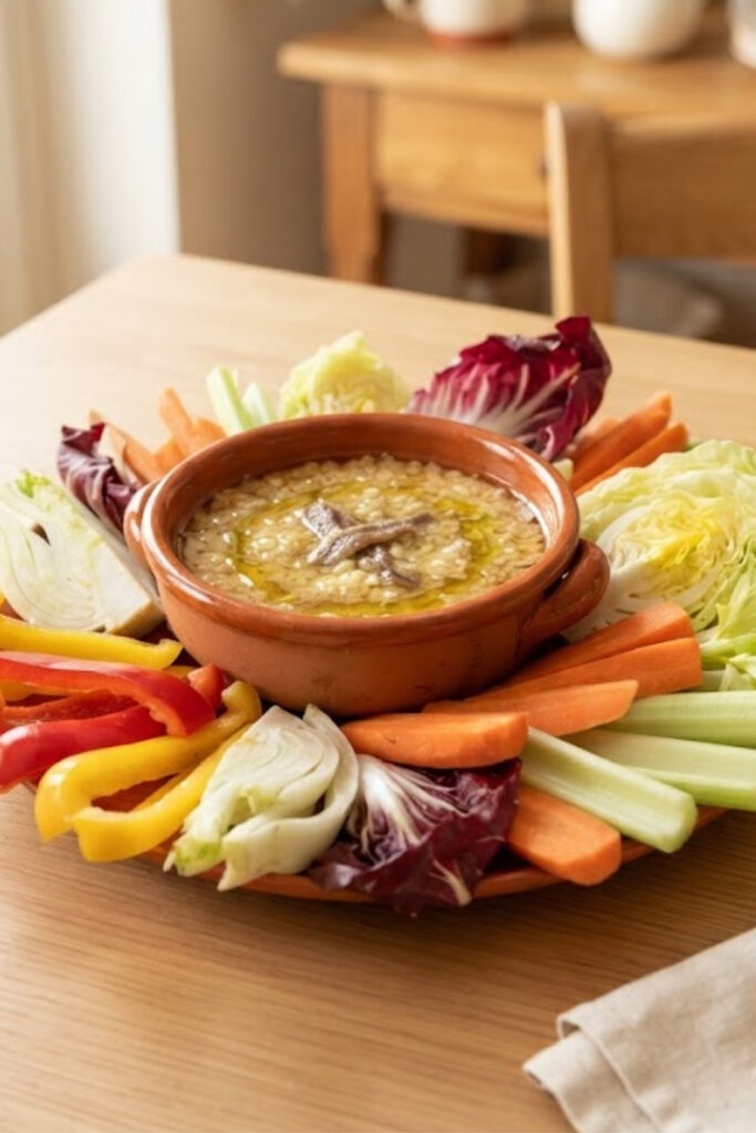 Authentic Italian Bagna Cauda served warm with anchovy, garlic, olive oil, butter, and fresh seasonal vegetables.