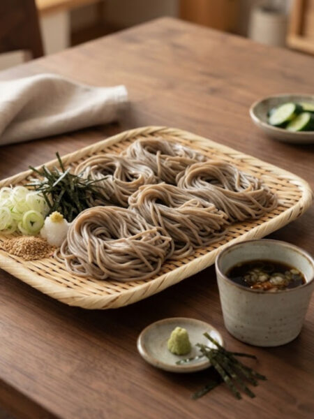 Authentic Japanese Zaru Soba featuring chilled buckwheat noodles served on a bamboo mat with nori, green onions, wasabi, and dipping sauce.