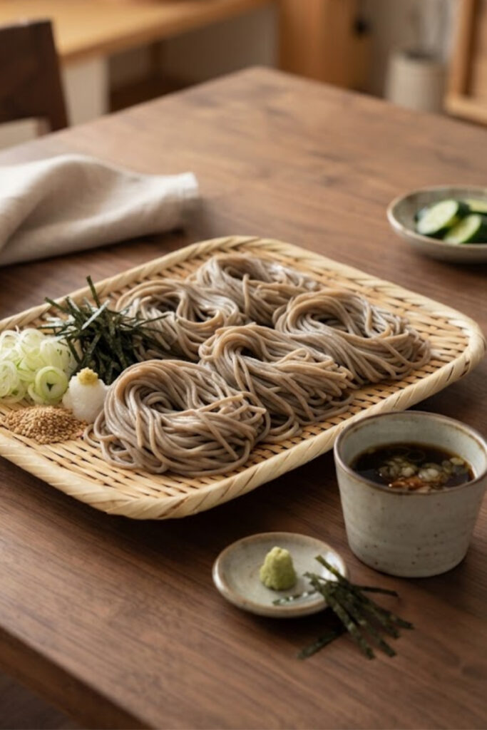 Authentic Japanese Zaru Soba featuring chilled buckwheat noodles served on a bamboo mat with nori, green onions, wasabi, and dipping sauce.