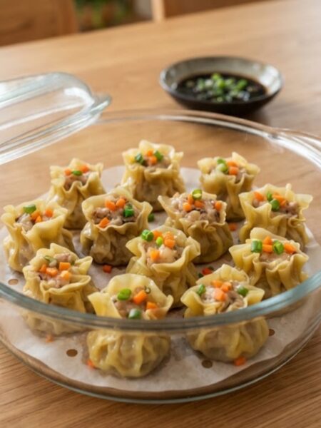 Homemade Chinese siu mai steamed dumplings filled with pork, shrimp, and shiitake mushrooms