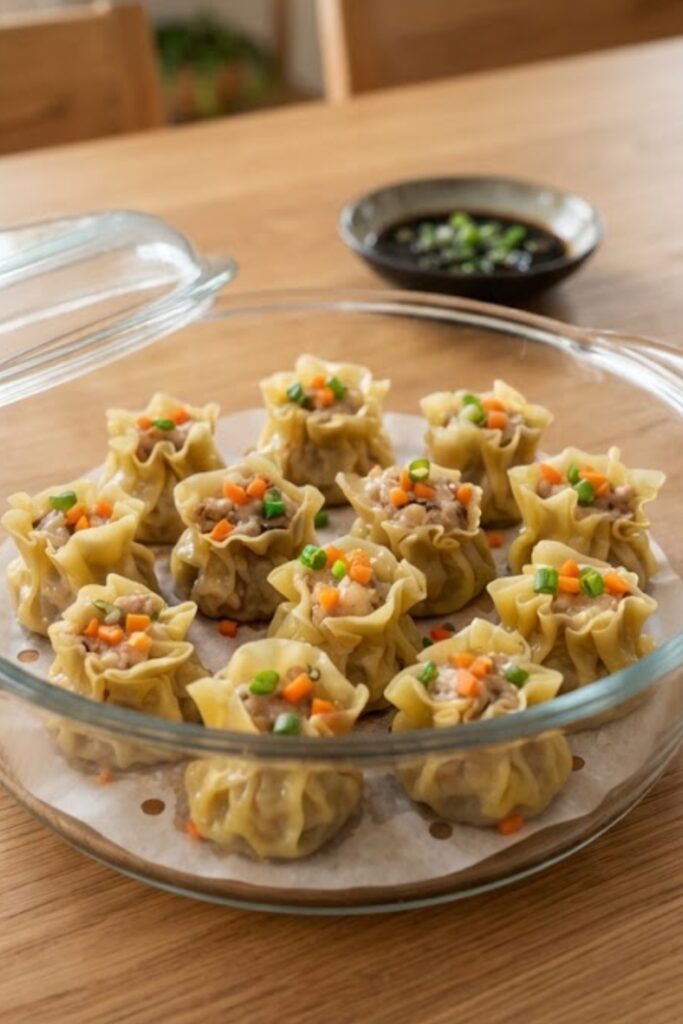 Homemade Chinese siu mai steamed dumplings filled with pork, shrimp, and shiitake mushrooms