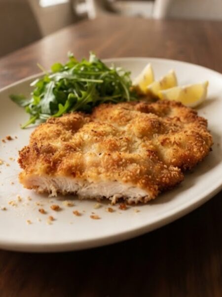 Authentic Italian Pollo alla Milanese with a crispy golden Parmesan breadcrumb crust, lemon wedges, and fresh parsley.