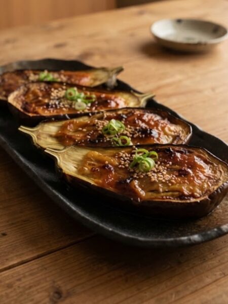 Authentic Japanese Nasu Dengaku featuring tender roasted eggplant covered with a glossy caramelized miso glaze, sesame seeds, and green onions.