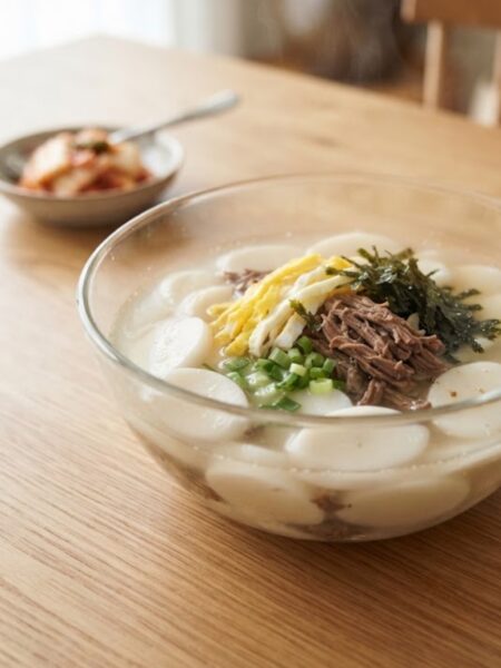 Authentic Korean Tteokguk rice cake soup with tender beef, egg ribbons, green onions, and roasted seaweed.