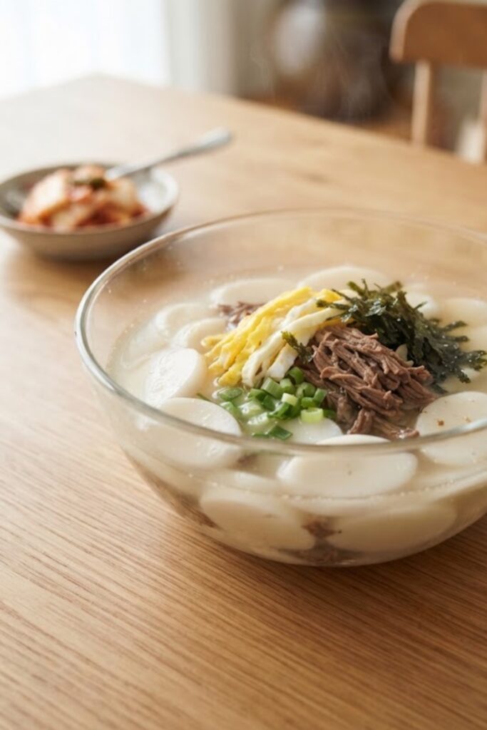 Authentic Korean Tteokguk rice cake soup with tender beef, egg ribbons, green onions, and roasted seaweed.