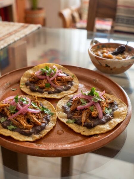 Traditional Mexican Panuchos topped with shredded chicken, creamy black beans, pickled red onions, avocado, cilantro, and fresh salsa.