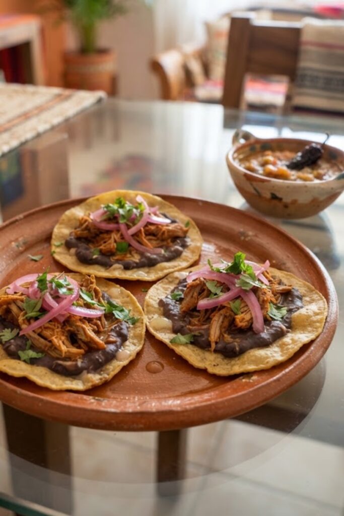Traditional Mexican Panuchos topped with shredded chicken, creamy black beans, pickled red onions, avocado, cilantro, and fresh salsa.