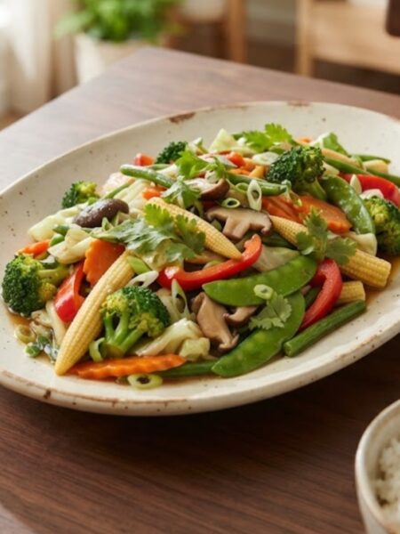 Authentic Thai Pad Pak Ruam mixed vegetable stir-fry with colorful broccoli, carrots, baby corn, mushrooms, peppers, and snow peas.