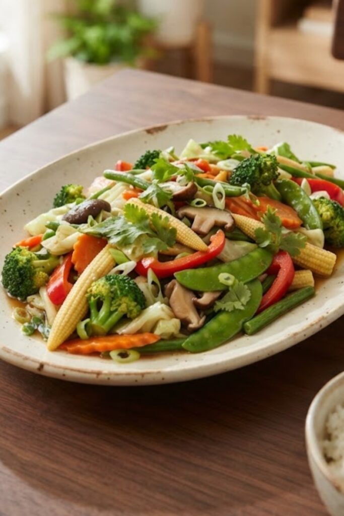 Authentic Thai Pad Pak Ruam mixed vegetable stir-fry with colorful broccoli, carrots, baby corn, mushrooms, peppers, and snow peas.