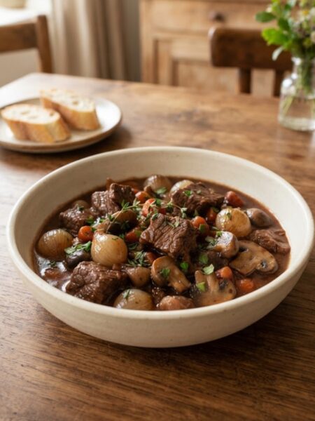 Authentic French Bœuf Bourguignon with tender beef, mushrooms, pearl onions, carrots, and rich red wine sauce.