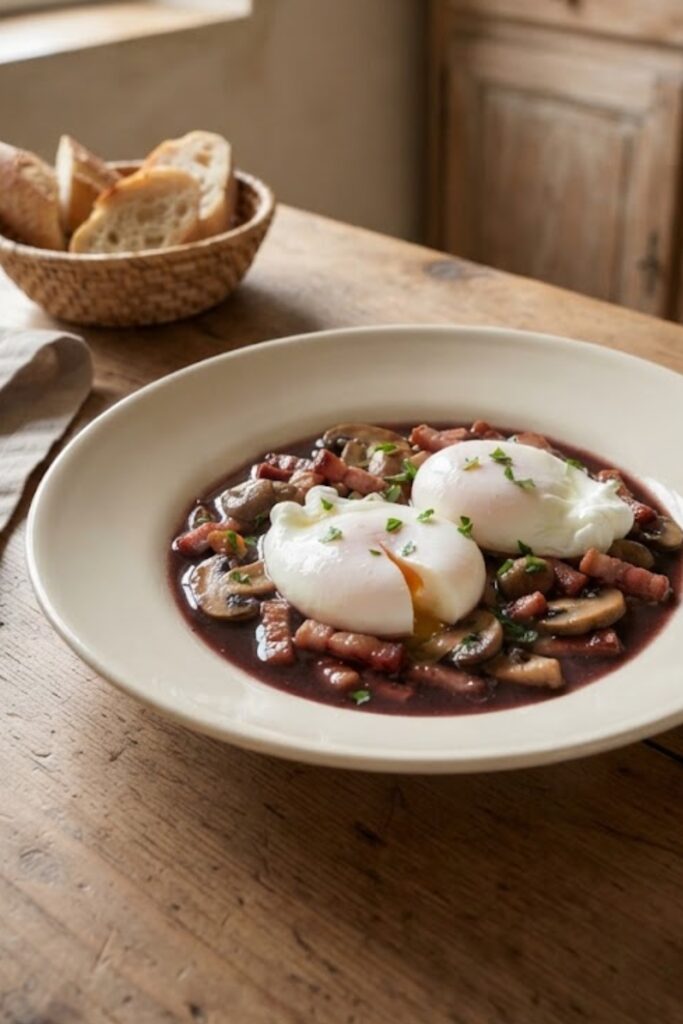 Authentic French Œufs en Meurette with poached eggs, rich Burgundy red wine sauce, bacon, mushrooms, and shallots.