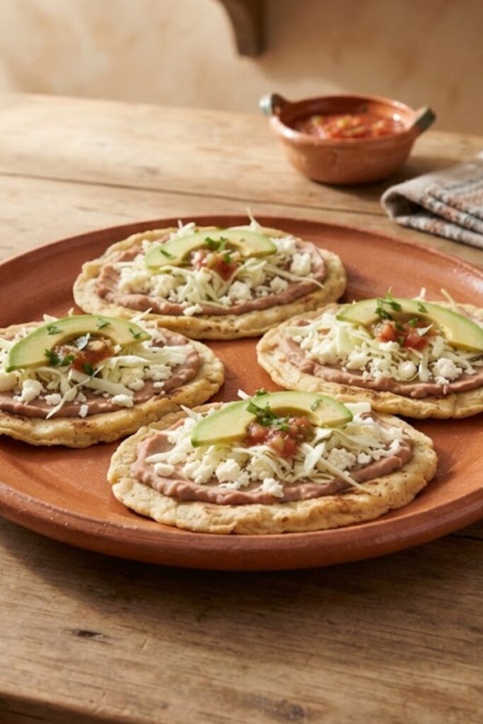 Traditional Mexican Memelas topped with refried black beans, queso fresco, salsa, onion, and fresh cilantro.