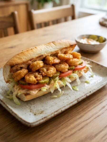 Classic American Shrimp Po' Boy sandwich with crispy fried shrimp, fresh lettuce, tomatoes, pickles, and creamy sauce