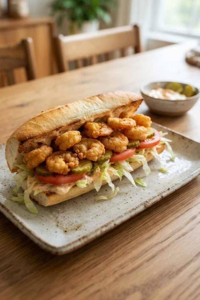 Classic American Shrimp Po' Boy sandwich with crispy fried shrimp, fresh lettuce, tomatoes, pickles, and creamy sauce