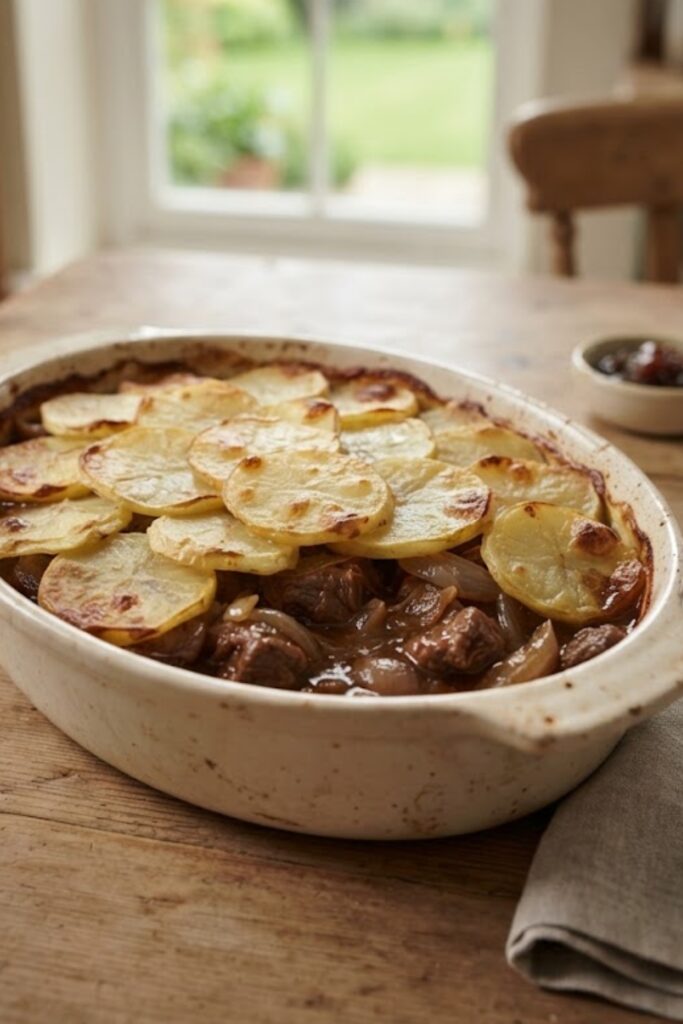 Traditional British Lancashire Hotpot with tender lamb, onions, and golden crispy sliced potatoes