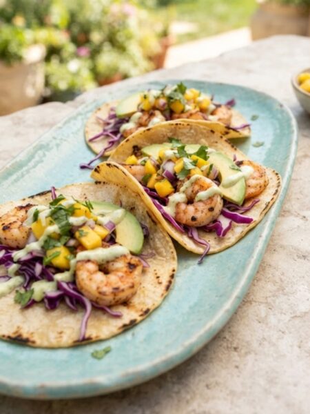 Fresh summer shrimp tacos with seasoned shrimp, cabbage slaw, avocado, cilantro, and creamy lime sauce.