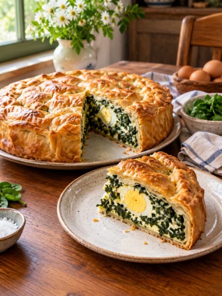Traditional Italian Torta Pasqualina with golden pastry, spinach, ricotta, Parmesan, and whole eggs baked inside.