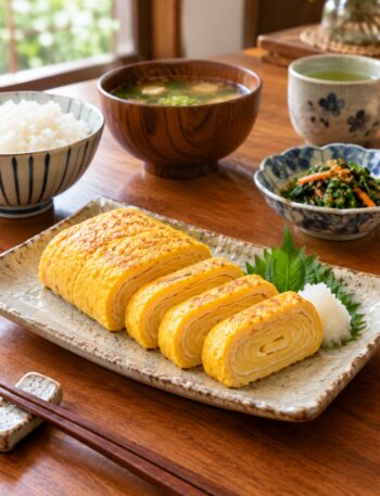 Authentic Japanese Tamagoyaki sliced into golden layered pieces on a ceramic plate, showing the soft texture of the traditional Japanese rolled omelette.